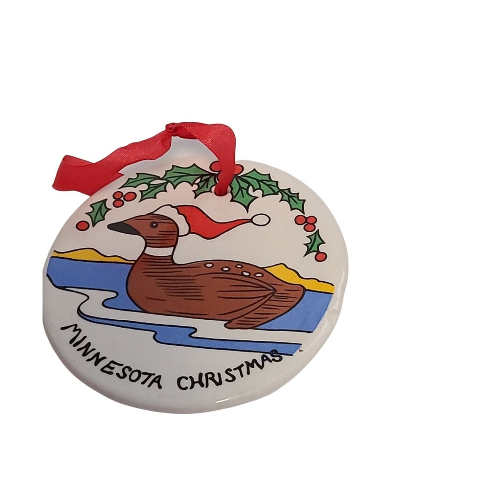 Minnesota Christmas Ornament Loons‎ Santa Hat Holly Berries Red Ribbon
